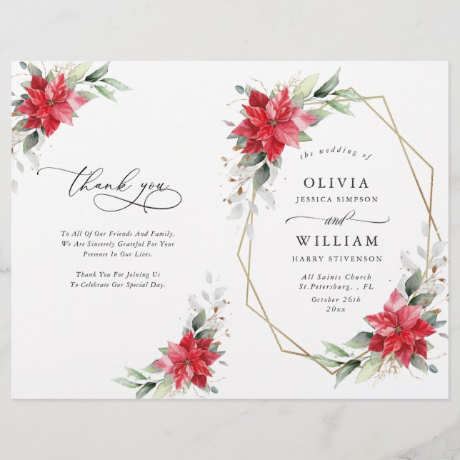 Programa Elegante Poinsettia Watercolor Wedding (Frente)