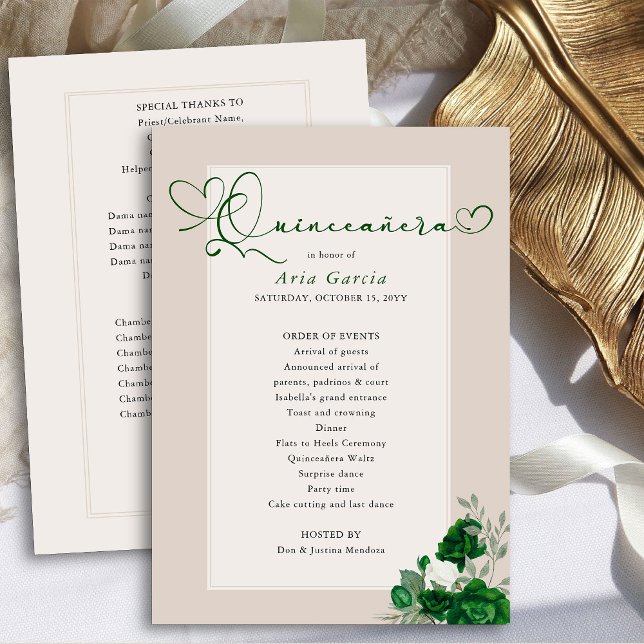 Programa Elegante Quinceanera Emerald Green Rosas (Quinceanera Programs from the Royal Rose Emerald Green Quinceanera Collection by Darling & May)