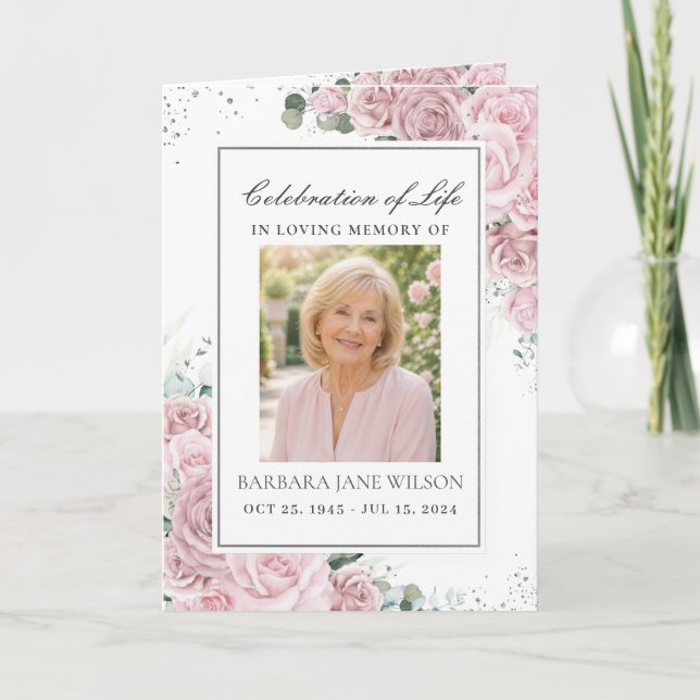 Programa Elegante Rosa Floral Foto Funeral Memorial (Frente)