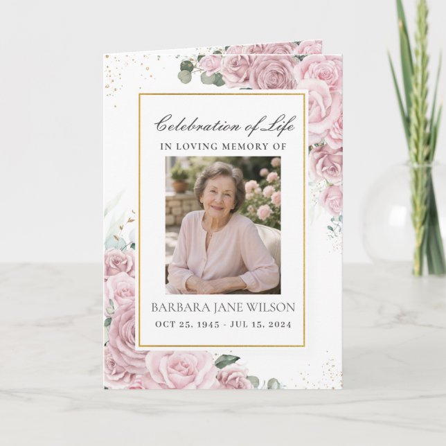 Programa Elegante Rosa Floral Foto Funeral Memorial (Frente)