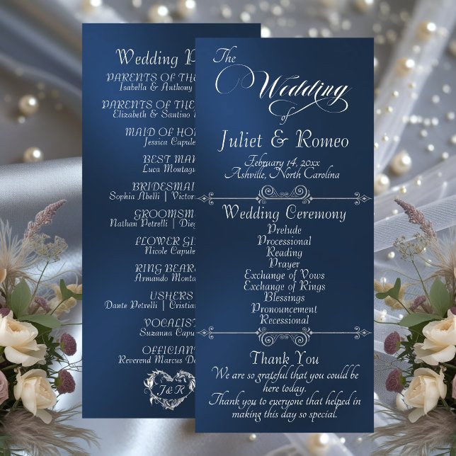 Programa Elegante Script e Monograma - Casamento Azul (Criador carregado)