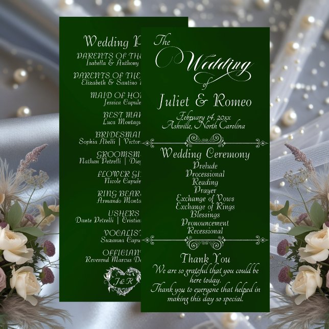 Programa Elegante Script e Monograma - Casamento Esmeralda (Criador carregado)