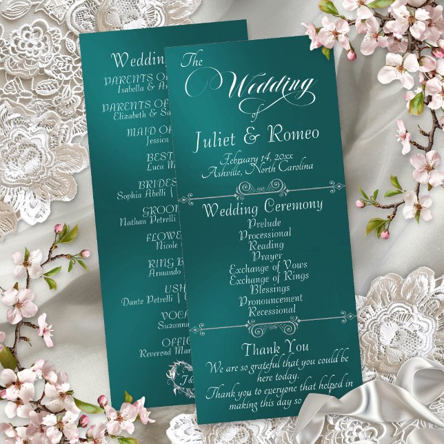 Programa Elegante Script & Monograma - Casamento Azul Turqu (Criador carregado)
