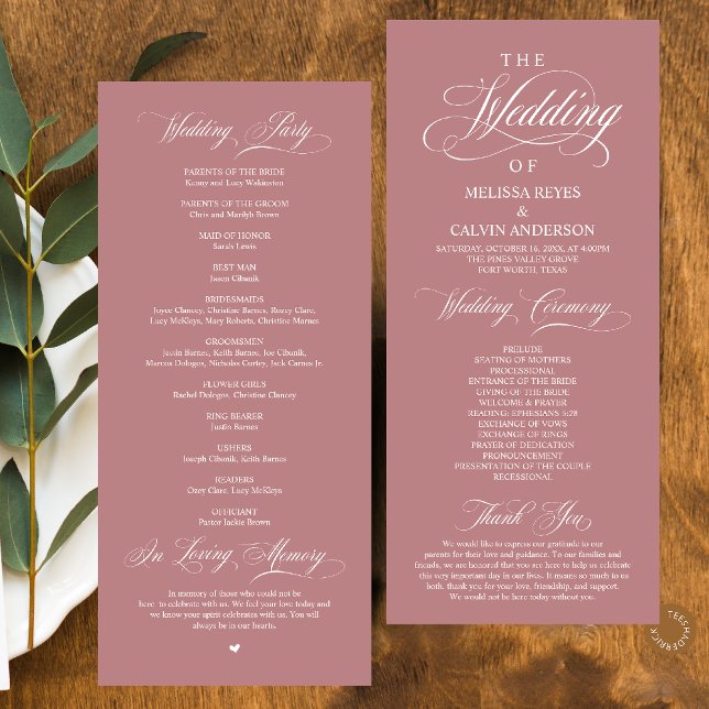 Programa Elegante Sofisticado Rosa Poeirento Script Casamen (Elegant Classy Dusty Rose Pink Script Wedding Program Card)