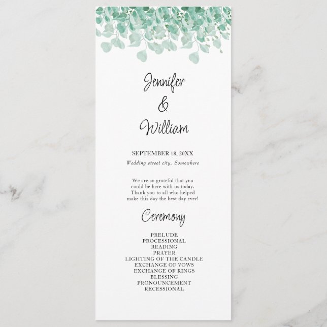 Programa Elegante Verde Floral Eucalyptus Wedding Program (Frente)