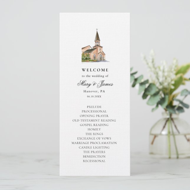 Programa Elegante Watercolor Church Wedding Flat Program (Em pé/Frente)