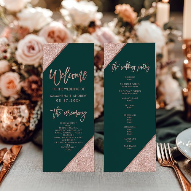 Programa Emerald Green e Rosa Dourado Casamento Glitter (Emerald Green and Rose Gold Glitter Wedding Program)
