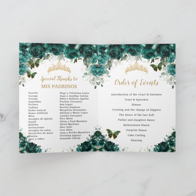 Programa Emerald Green Floral Quinceanera Princess Padrinos (Interior)