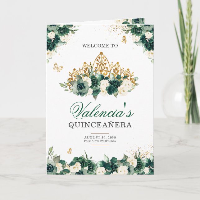 Programa Emerald Green Floral Tiara Butterfly Quinceanera (Frente)