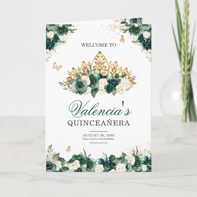Programa Emerald Green Floral Tiara Butterfly Quinceanera (Frente)