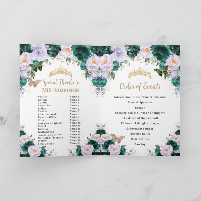Programa Emerald Purple Floral Quinceañera Ordem dos Evento (Interior)