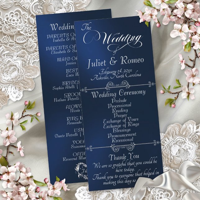 Programa Escrito Elegante & Monograma - Casamento Azul (Criador carregado)