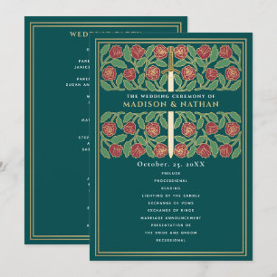 Programa Espada Floral Dourada Medieval Turquesa Casamento 