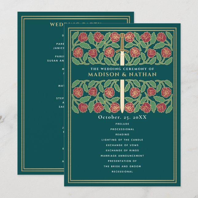 Programa Espada Floral Dourada Medieval Turquesa Casamento  (Frente/Verso)