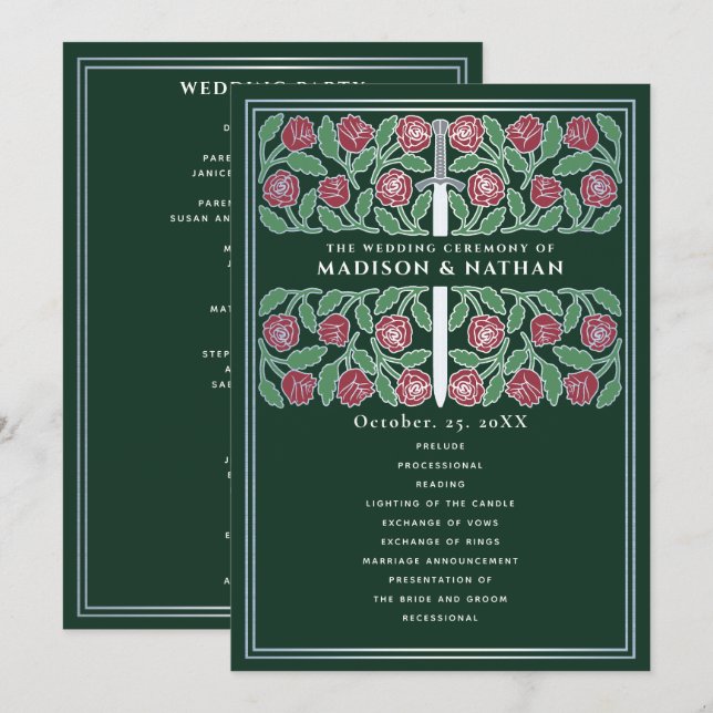Programa Espada Floral Prateada Medieval Verde Casamento Re (Frente/Verso)