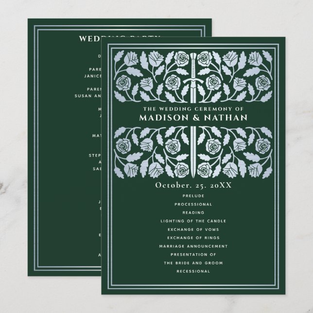 Programa Espada Prateada Medieval Verde Casamento Real (Frente/Verso)