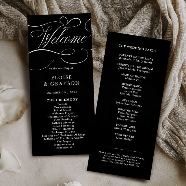 Programa Eterno de caligrafia moderna casamento branco pret (Modern calligraphy timeless black white wedding program card)