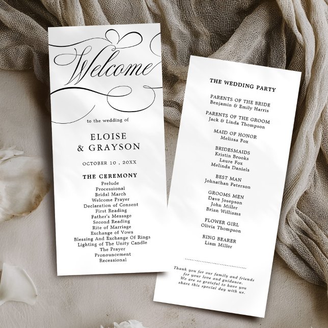 Programa Eterno de caligrafia moderna casamento branco pret (Modern calligraphy timeless black white wedding program)