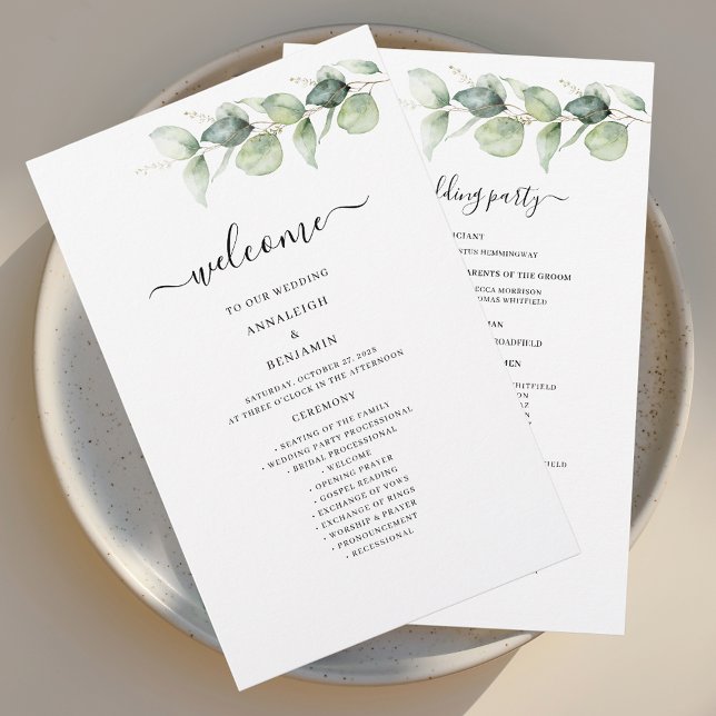 Programa Eucalyptus Botanical Greenery Weding Prog (Eucalyptus Greenery Script Wedding Welcome Program Stationery)