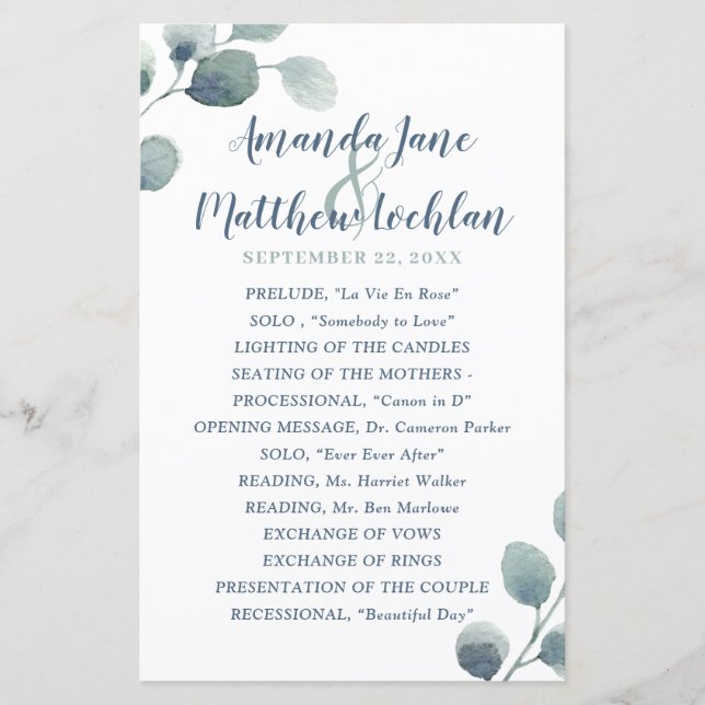 Programa Eucalyptus Greenery Watercolor Wedding (Frente)