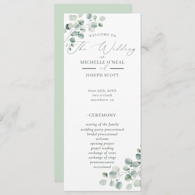 Programa Eucalyptus Sage Green Watercolor Casament (Frente/Verso)