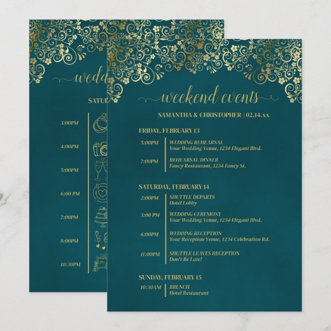 Programa Eventos & Cronograma de Casamento Azul Turquesa &  (Frente/Verso)