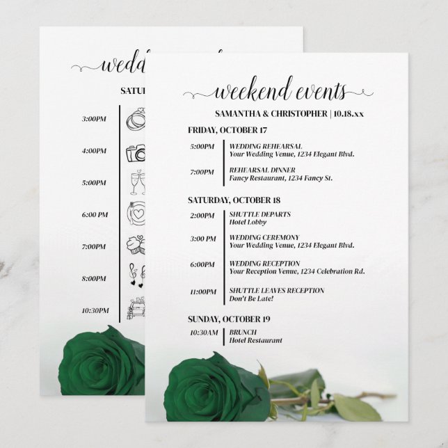 Programa Eventos & Cronograma de Casamento com Rosa Verde E (Frente/Verso)