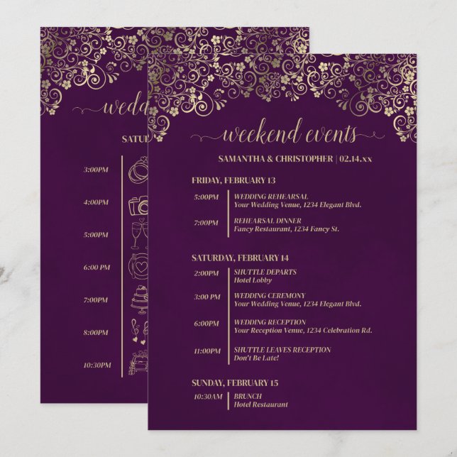 Programa Eventos & Cronograma de Casamento Elegante Ameixa  (Frente/Verso)