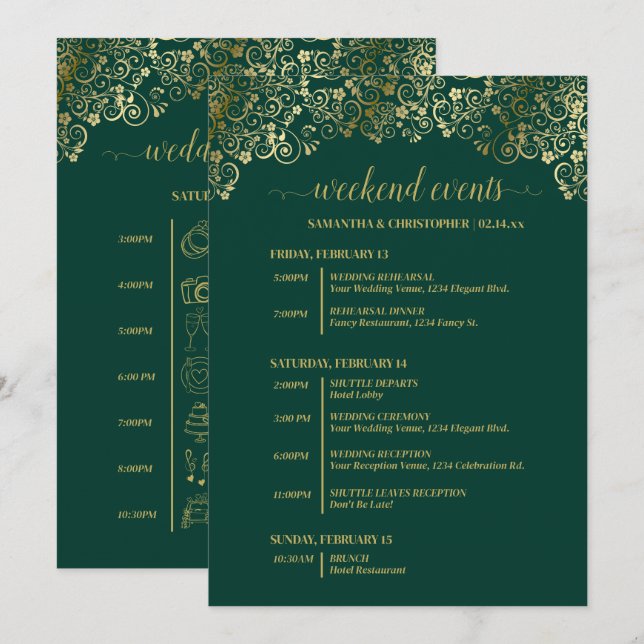 Programa Eventos & Cronograma de Casamento Esmeralda Verde  (Frente/Verso)
