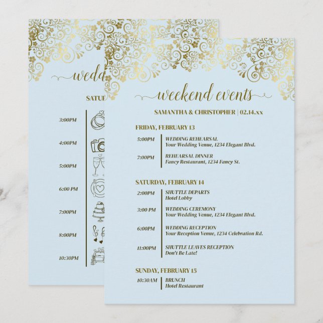 Programa Eventos de Casamento Azul Claro & Dourado e Cronog (Frente/Verso)