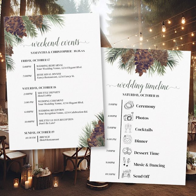 Programa Eventos de Casamento com Pinhas Rústicas e Cronogr (Front/Back)