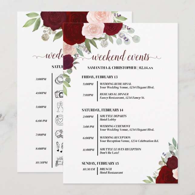Programa Eventos de Casamento de Rosas Boho Vermelhas e Ros (Frente/Verso)