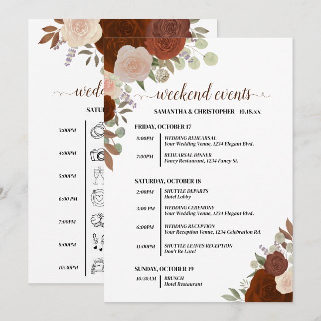 Programa Eventos de Casamento de Rosas de Outono Rústico &  (Frente/Verso)