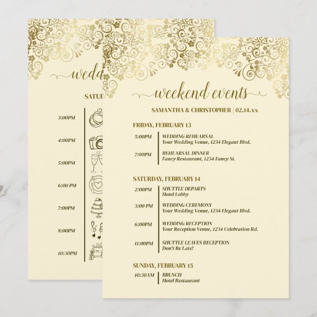 Programa Eventos de Casamento em Ouro e Creme Ornamentados  (Frente/Verso)
