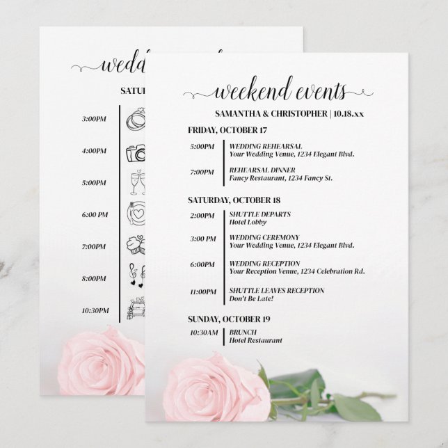 Programa Eventos de Casamento Rosa Bege Elegante & Cronolog (Frente/Verso)