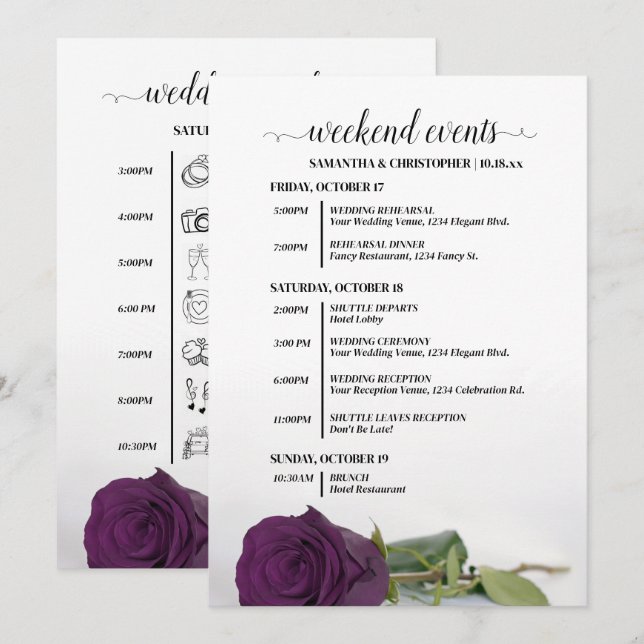 Programa Eventos de Casamento Rosa Roxa Elegante Ameixa & L (Frente/Verso)