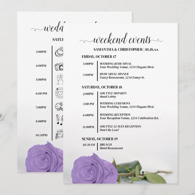 Programa Eventos de Casamento Roxo Lavanda & Linha do Tempo (Frente/Verso)