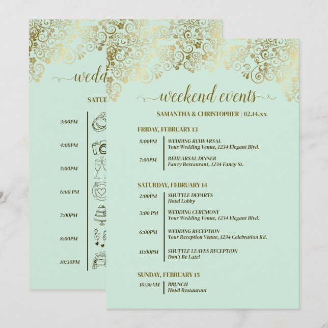 Programa Eventos de Casamento Verde-Mint e Dourado & Cronol (Frente/Verso)
