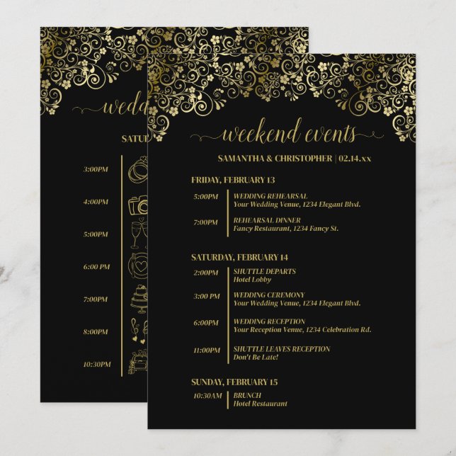 Programa Eventos e Cronograma de Casamento Preto e Dourado  (Frente/Verso)