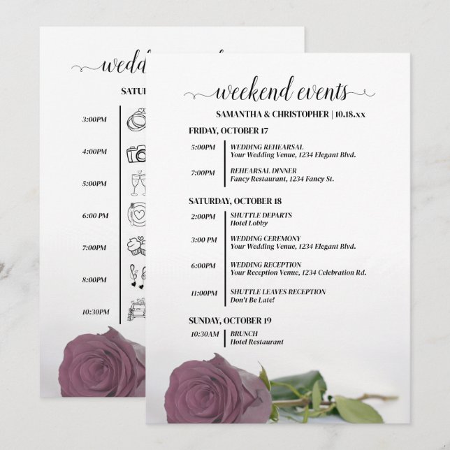 Programa Eventos e Cronologia de Casamento Rosa Mauve Empoe (Frente/Verso)