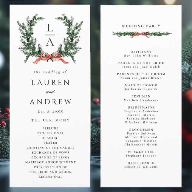 Programa Evergreen Pine Wreath Wedding Ceremony Program (Front & Back)
