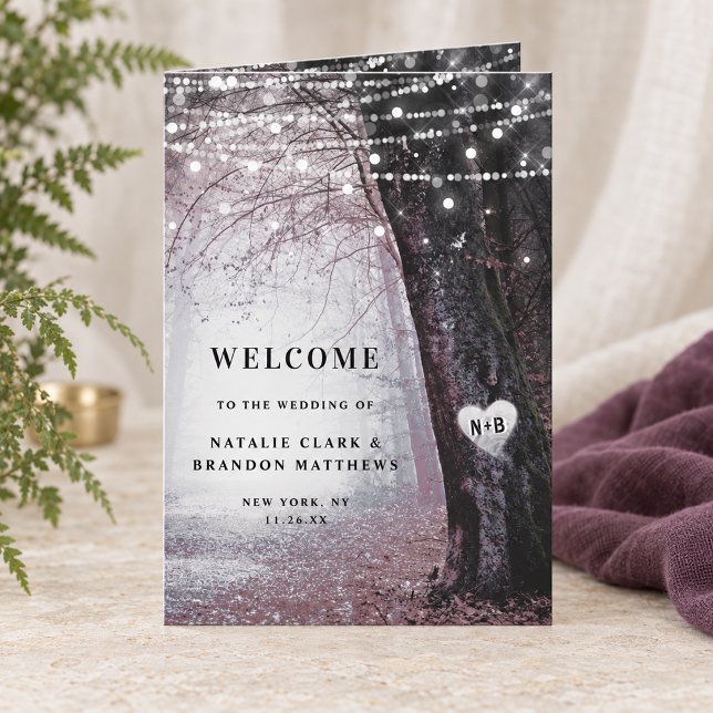 Programa Evermore | Cerimônia de Casamento na Floresta Enca (Mauve Evermore enchanted forest folded wedding ceremony program with personalized cover. Styling props are not included.)
