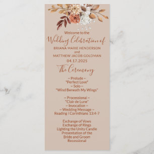 Programa Fall Floral Buquê Taupe Weding Program