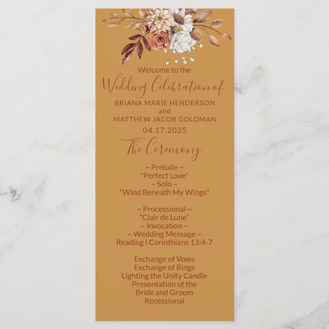 Programa Fall Floral Dourado Weding Program (Frente)