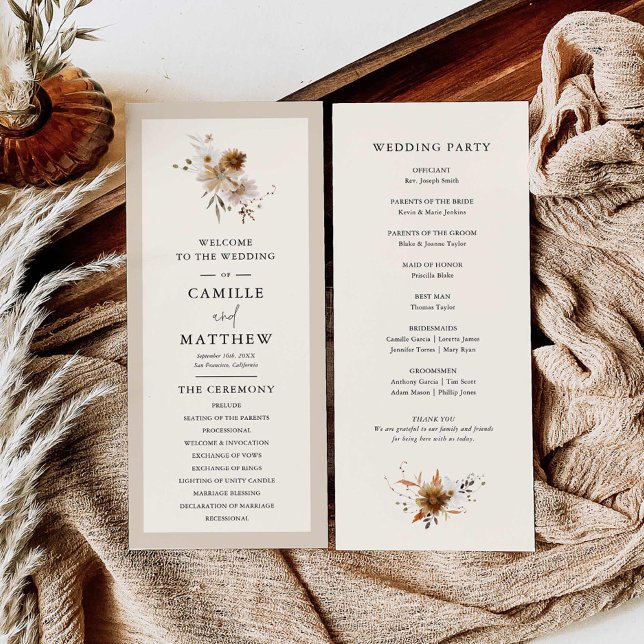 Programa Fall Floral Weding Program (Elegant minimal wildflower wedding program)