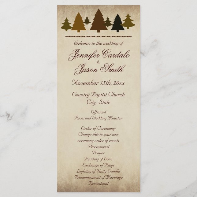 Programa Fall Pine Trees Autumn Wedding Programs (Frente)
