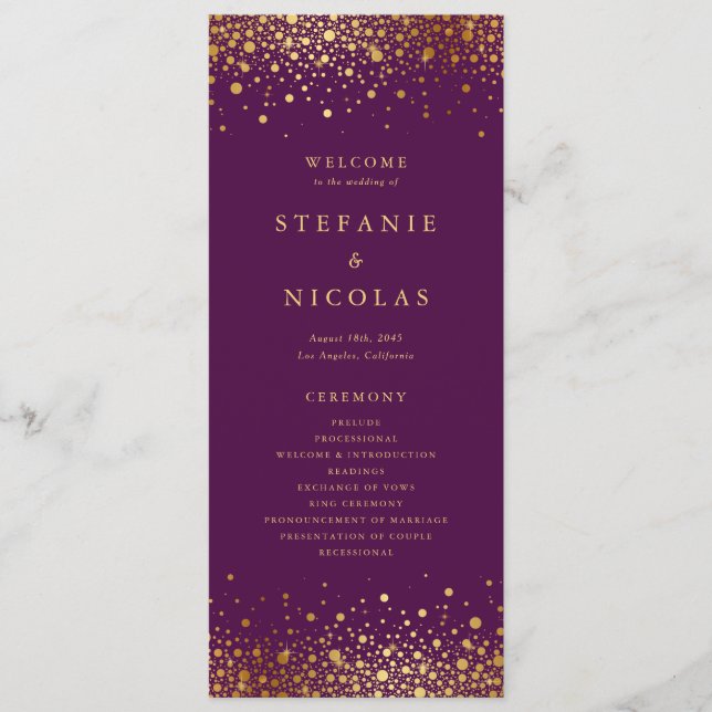 Programa Faux Gold Foil Confetti Pontos Púrpura Casamento (Frente)
