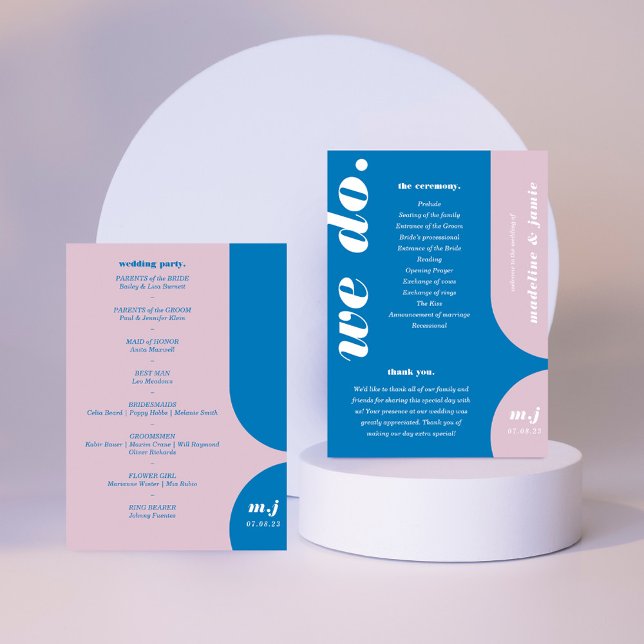 Programa Fazemos Blue Retro Style Ordem de Serviço de Casam (We Do Blue Retro Style Wedding Order of Service Program)