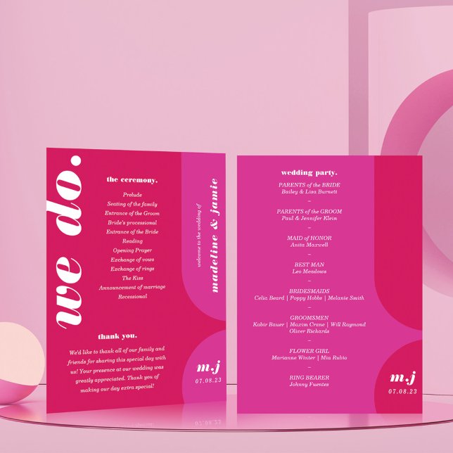 Programa Fazemos Estilo Retro Cor-de-Rosa Ordem de Serviço  (We Do Pink Retro Style Wedding Order of Service Program)