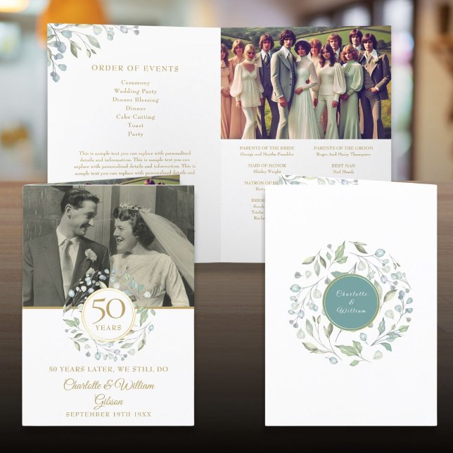 Programa Festa de Aniversário de Casamento de 50 Anos Green (Greenery 2 Photo 50th Wedding Anniversary Party Program)
